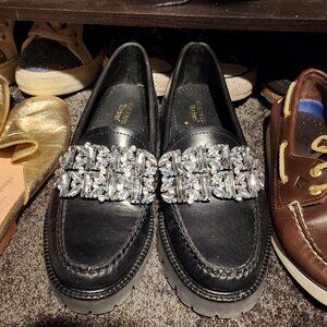 G.H.BASS Whitney Crystal Flats Black Leather Loafer  Embellished Size 7 Like New